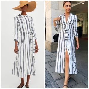 Zara Striped Linen Midi Shirt-Dress L